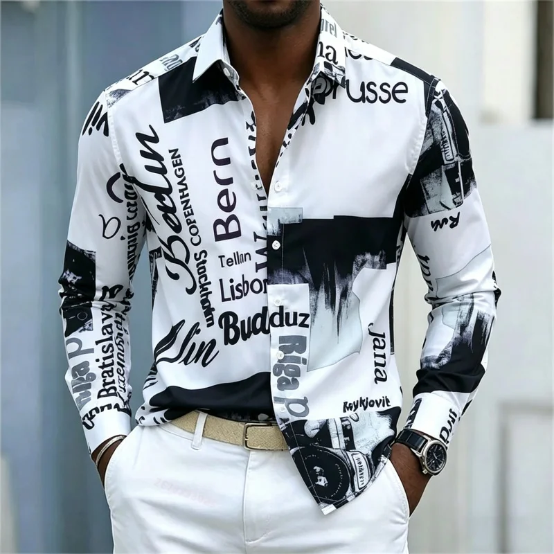 Fashion Streetwear - メンズプリント長袖シャツ、スリムフィット、襟付き、ストリートスタイルカジュアルシャツ