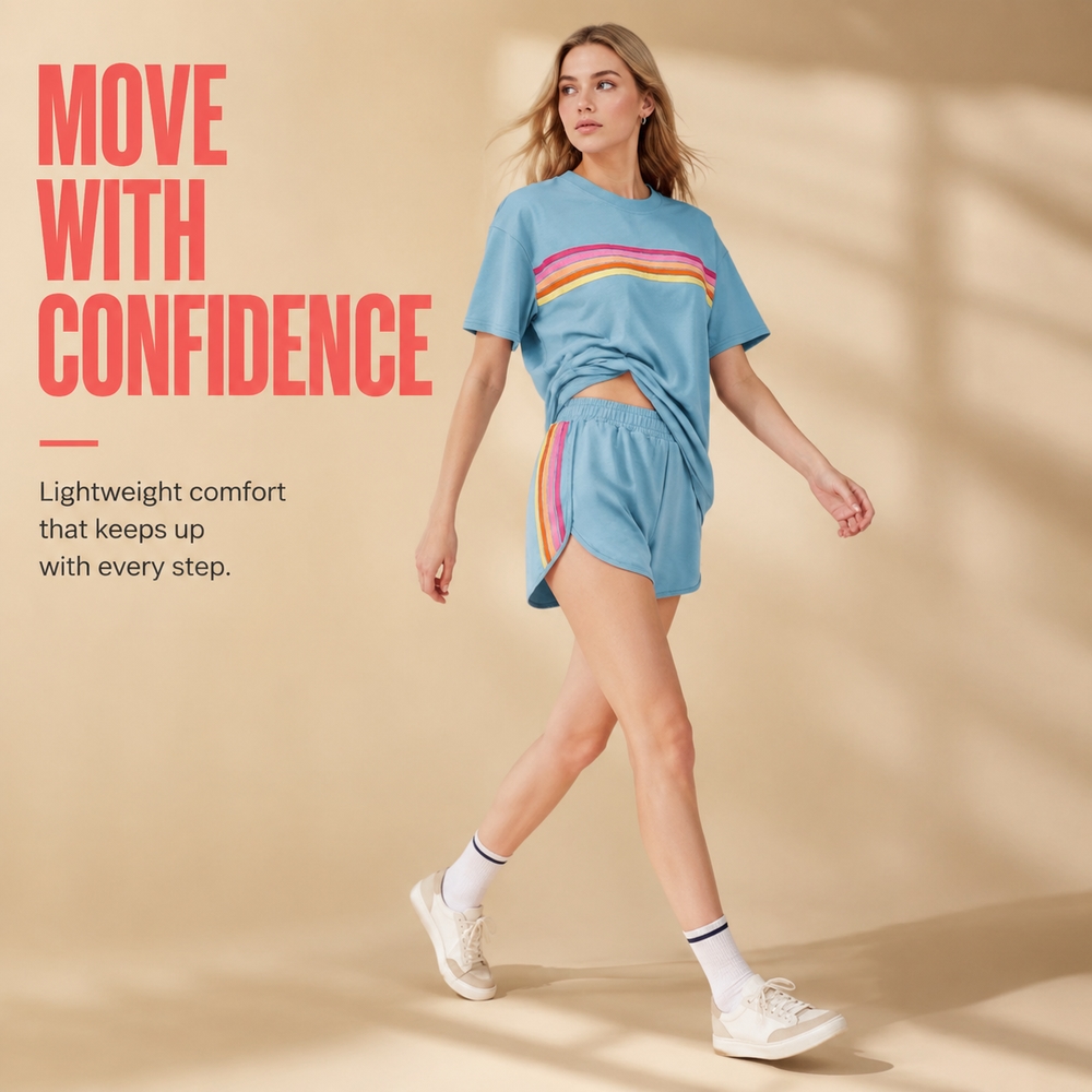Street Fashion Dance - レディース 2ピーストラックスーツセット 半袖クルーネックTシャツとゴムウエストショートパンツ レトロレインボーストライプ カジュアルアスレチックウェア マッチングアウトフィット