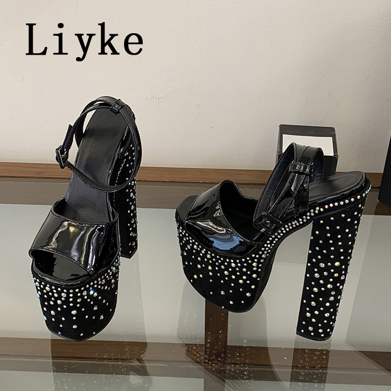 Street Fashion Shoes - Liyke ファッションクリスタルラインストーン厚いハイヒールチャンキープラットフォームサンダル女性オープントゥ結婚式宴会靴 Zapatos De Mujer