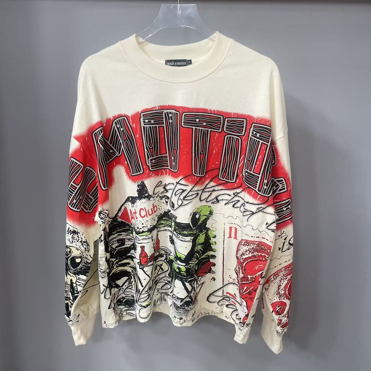 Fashion Streetwear - 高品質デザイナー MIXED-EMOTION 長袖Tシャツ 100%コットン メンズ＆レディース ヴィンテージプリント＆ホットフィックスラインストーン
