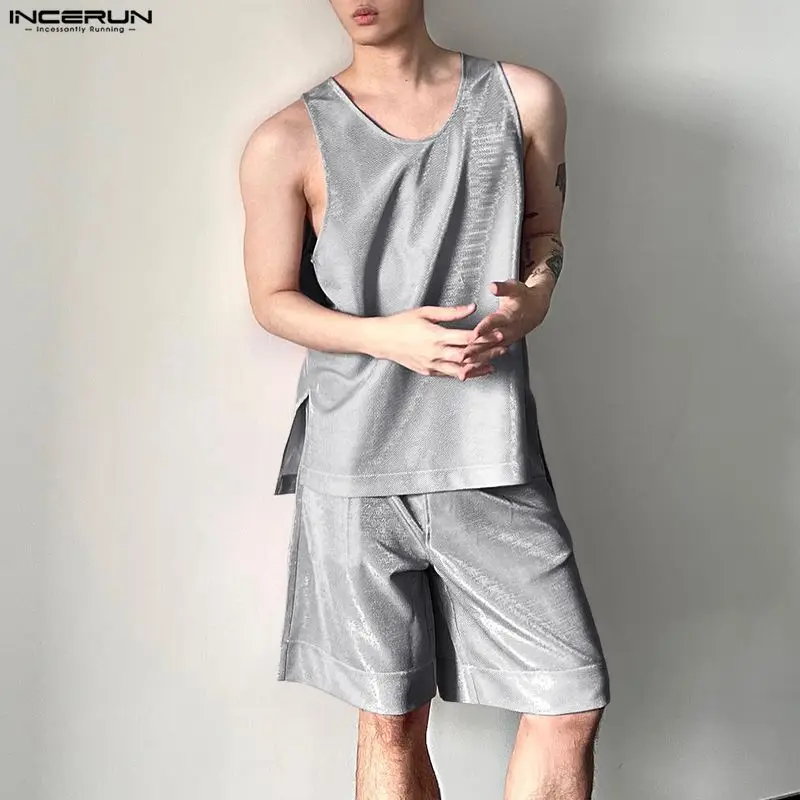 Fashion Streetwear - INCERUN メンズセット光沢のある固体 O ネックノースリーブタンクトップショーツ 2 ピースセットストリートウェア