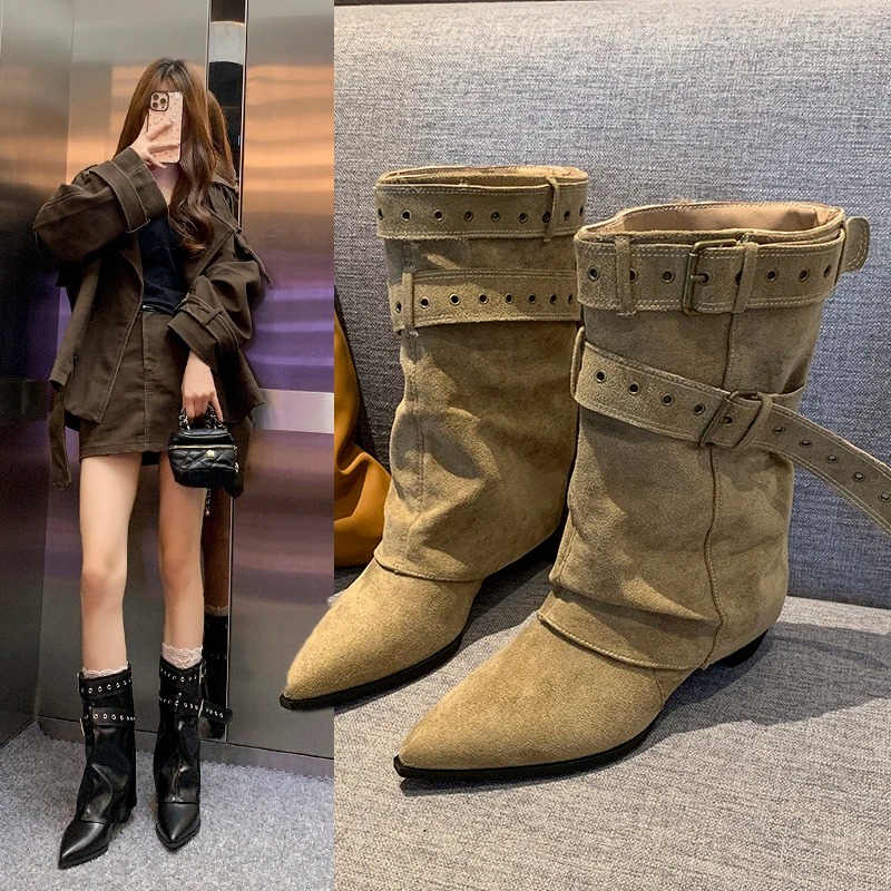 Street Fashion Dress - 2025年 ポインテッドトゥ レディース ウィンターブーツ デザイナー ミドルヒール