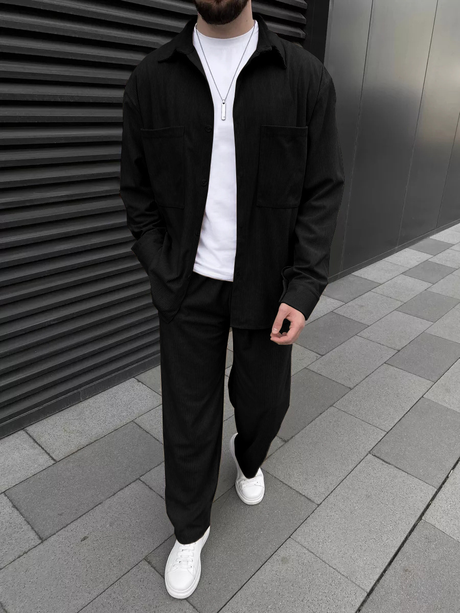 Street Fashion In China - メンズコーデュロイツーピースセット：長袖ボタンダウンシャツとワイドレッグトラウザーズのセット、ファッショナブルなカジュアルストリートスポーツウェア