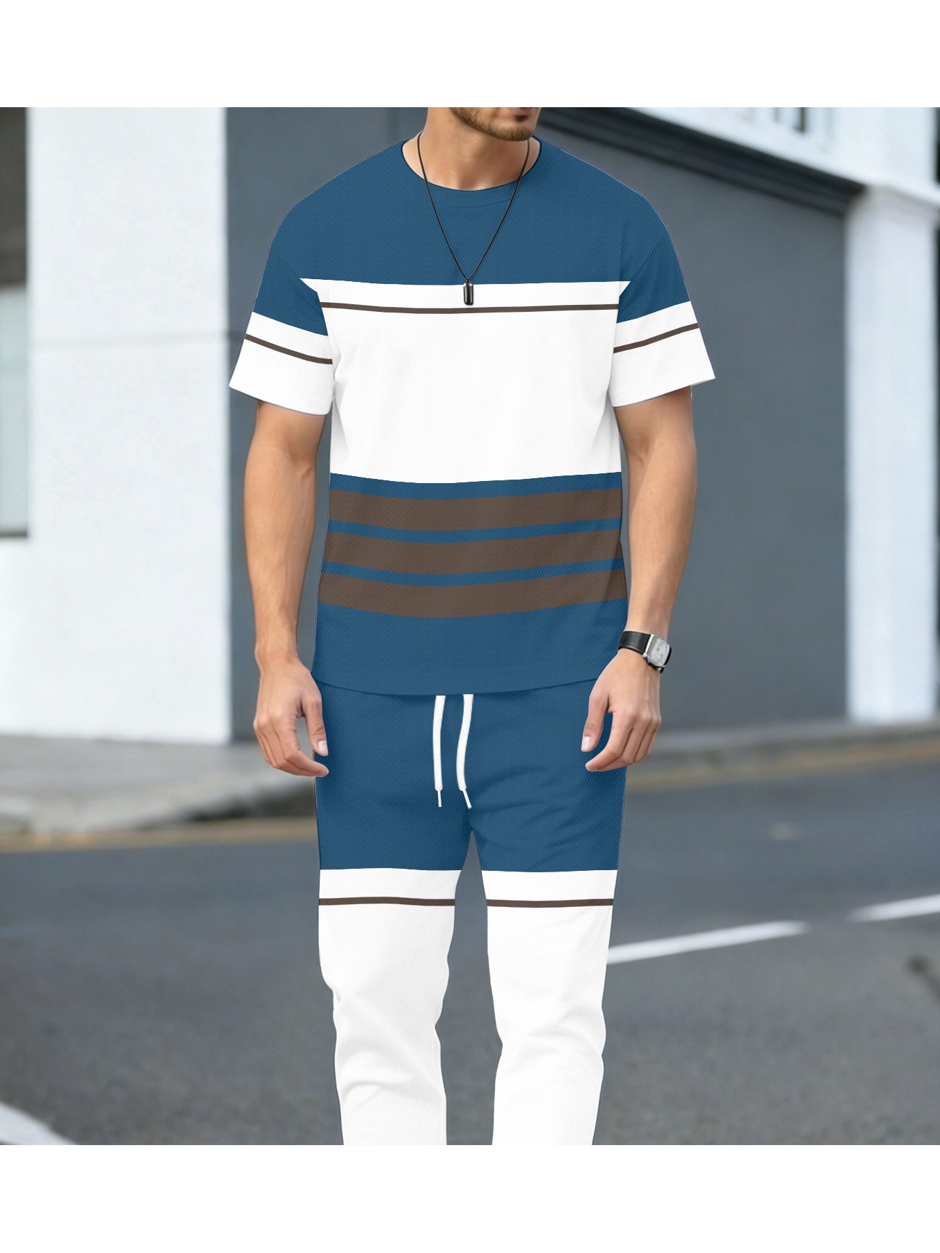 Street Fashion Styles - 2026年夏新作ストリートカジュアルファッション快適な3Dストライプ柄プリントメンズ半袖長ズボンセット