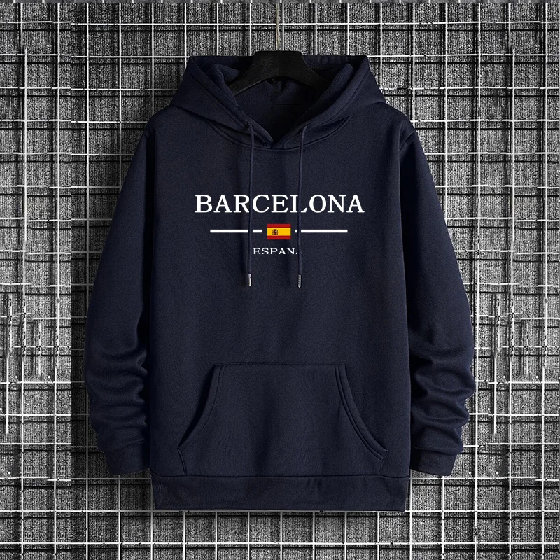 Street Fashion Barcelona - メンズ秋冬トレンドカジュアルストリートスタイルパーカー、バルセロナプリントメンズパーカー、都会的なストリートファッションヒップパーカー