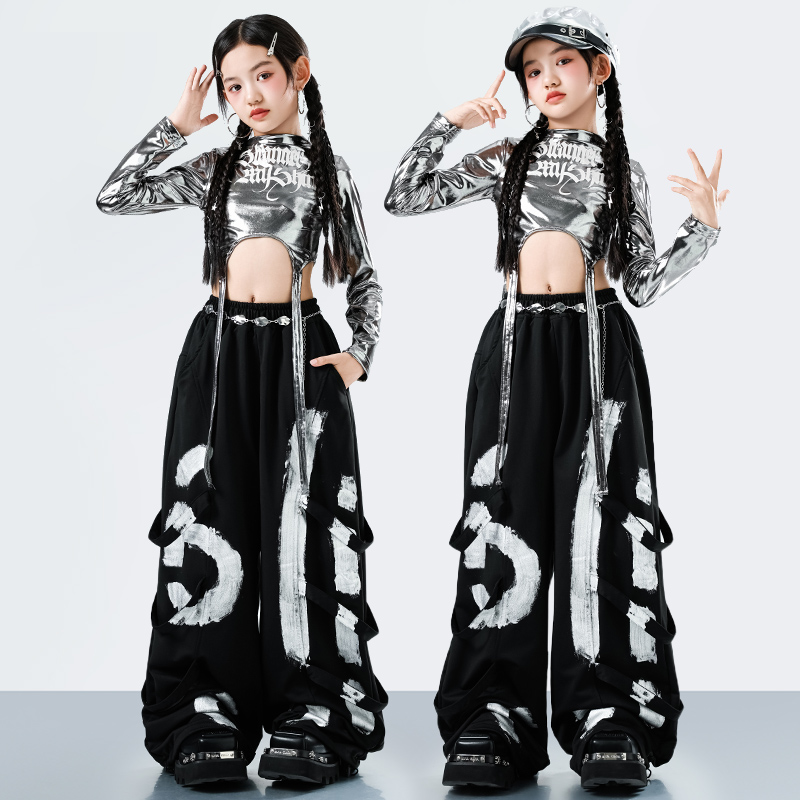Street Fashion Dance - 韓国 Y2K キッズストリートウェアスタイルヒップホップダンス衣装女の子ファッションジャズラッパースーツ子供ステージパフォーマンス服セット