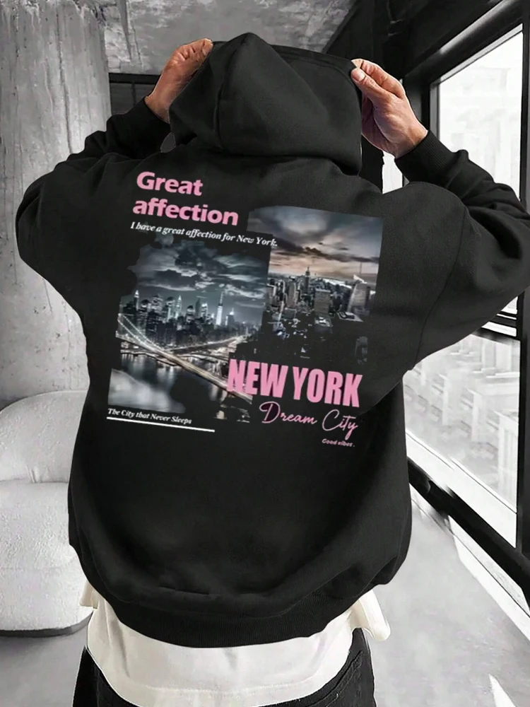 Street Fashion New York 2025 - ニューヨークドリームシティプリントパーカーカジュアルファッション女性プルオーバーポケットスウェットシャツスポーティオーバーサイズストリート服フード付き2025