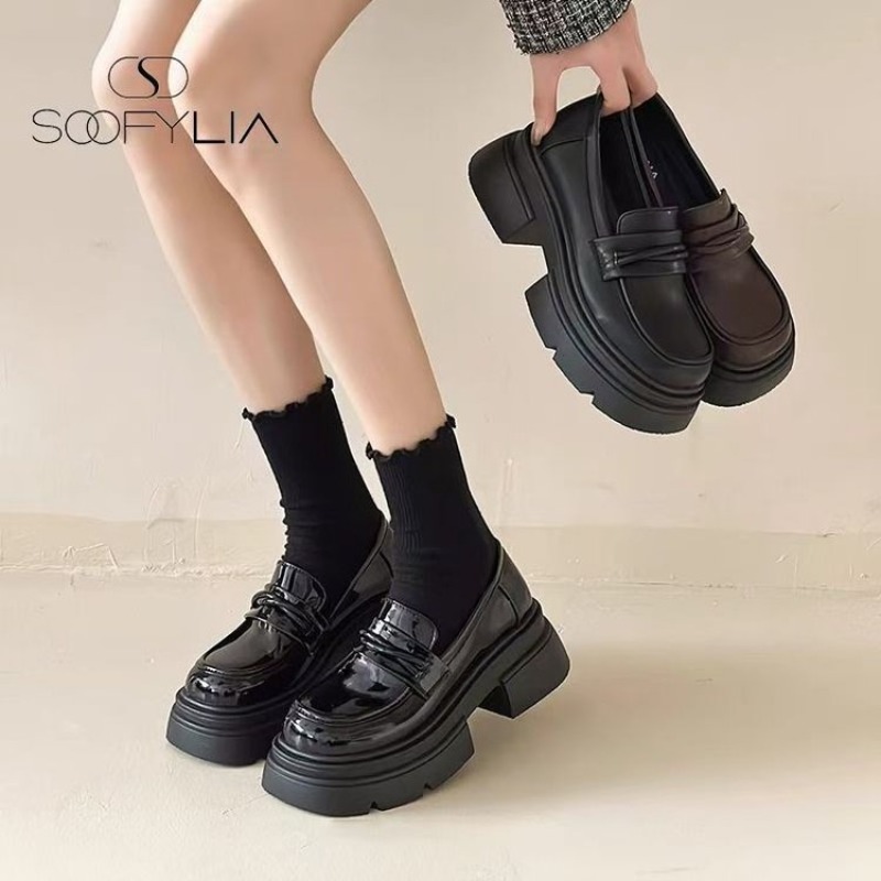 Street Fashion Styles - レディース ブラック 厚底 プラットフォーム ローファー スリップオン