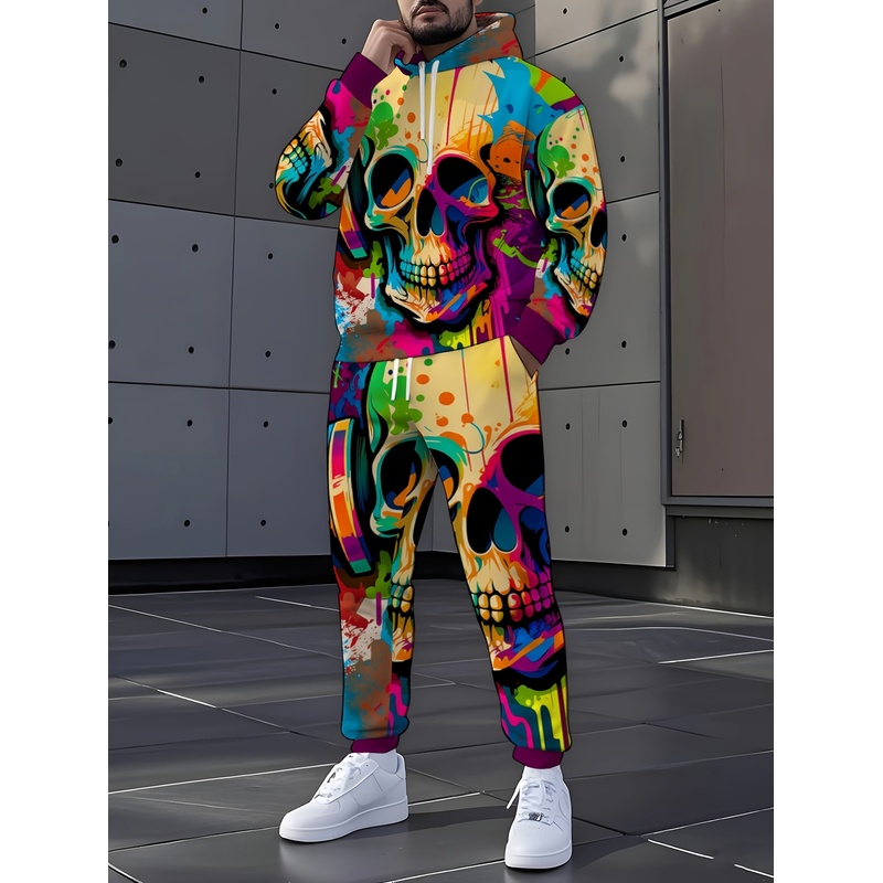 Street Fashion Styles - ファッショナブルなスケルトン柄セット、ファッショナブルなプリントのツーピースセット、メンズストリートスタイルの衣料、快適でファッショナブルなフォーマルウェア