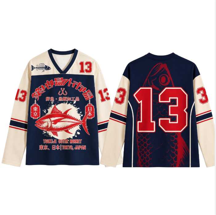 Fashion Streetwear - レトロな和風3Dプリント長袖Tシャツ（男女兼用）、Vネックストリートウェア、ゆったりとしたスポーツ長袖Tシャツ