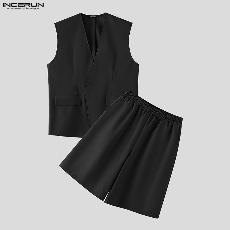 Fashion Streetwear - INCERUN メンズセット ソリッドカラー Vネック ノースリーブベスト＆ショーツ ツーピースセット