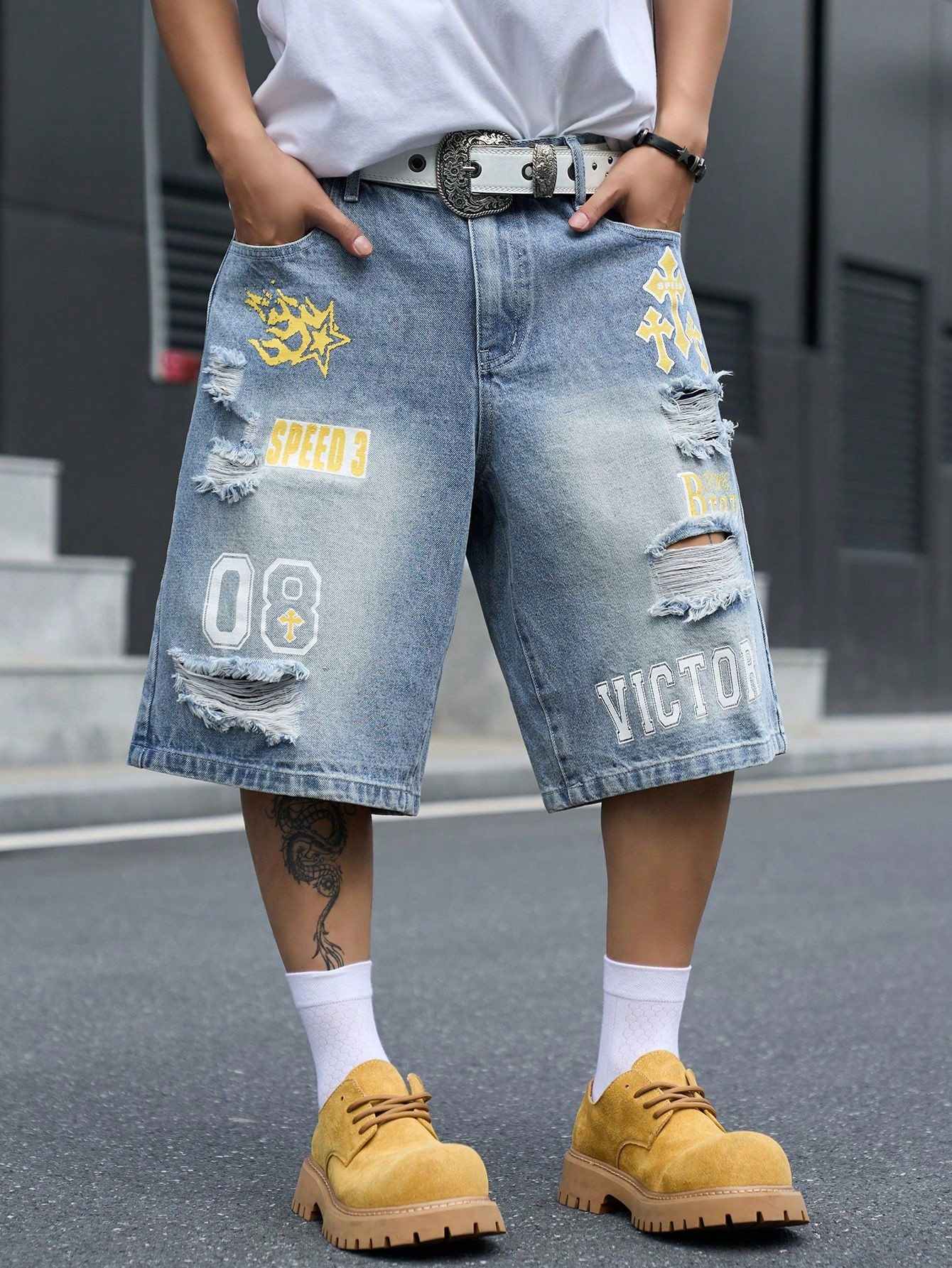 Street Fashion Dance - メンズ ルーズフィット デニム バミューダ ショーツ、ヴィンテージ ダメージ加工