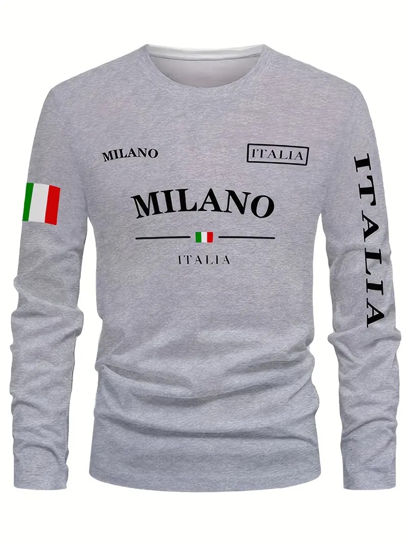 Street Fashion In Milan - 2026年春夏 メンズ長袖Tシャツ ストリートファッション ミニマリストスタイル ミラノ文字柄 3DプリントTシャツ