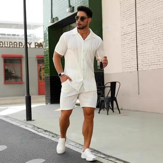 メンズ 2 ピース アウトフィット 半袖ボタンダウン シャツ - Street Fashion In China のレビューと価格