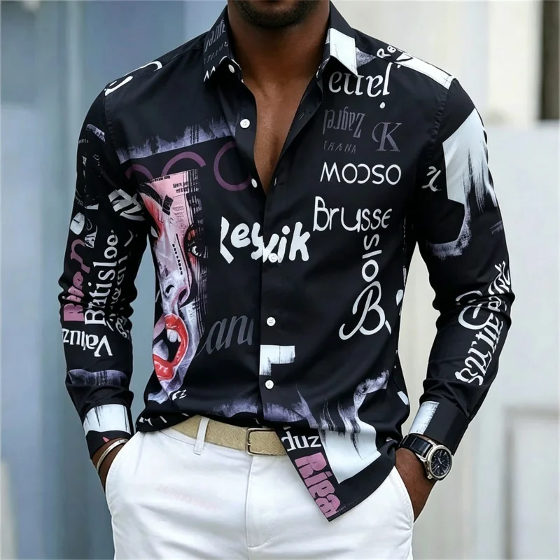 メンズプリント長袖シャツ、スリムフィット、襟付き、ストリート - Fashion Streetwear のレビューと価格