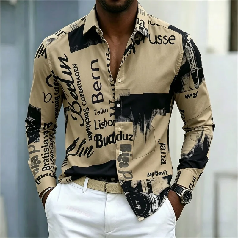 メンズプリント長袖シャツ、スリムフィット、襟付き、ストリート - Fashion Streetwear のレビューと価格