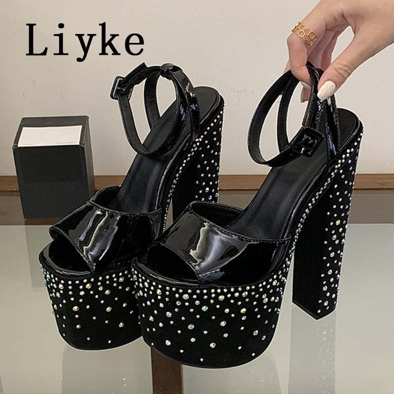 Liyke ファッションクリスタルラインストーン厚いハイヒー - Street Fashion Shoes のレビューと価格