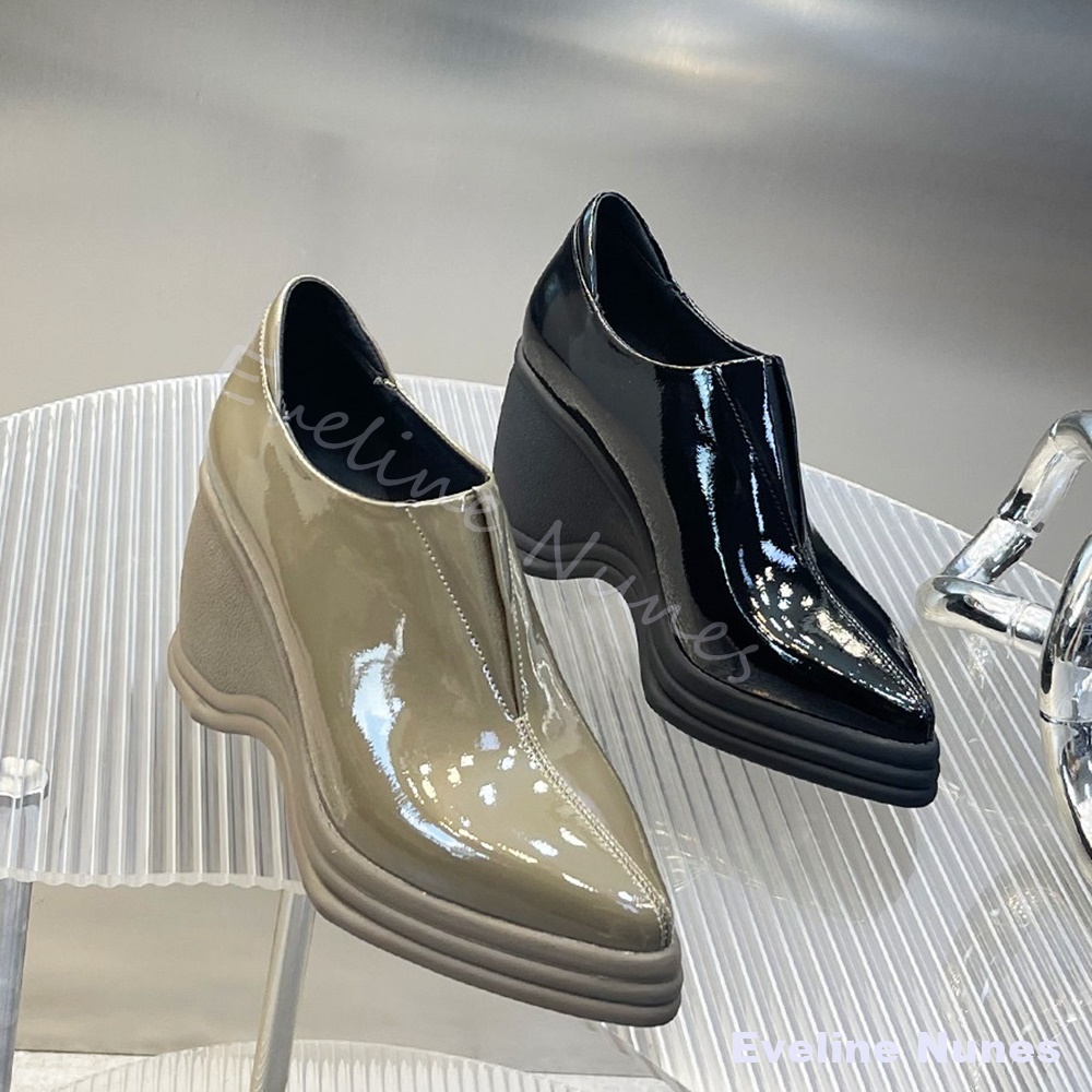 パテントレザーVカットポインテッドトゥウェッジパンプス レデ - Street Fashion Dress のレビューと価格