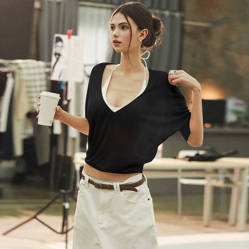 ピンクのブラウス ルーズフィット Vネック シアーブラウス  - Fashion Streetwear のレビューと価格