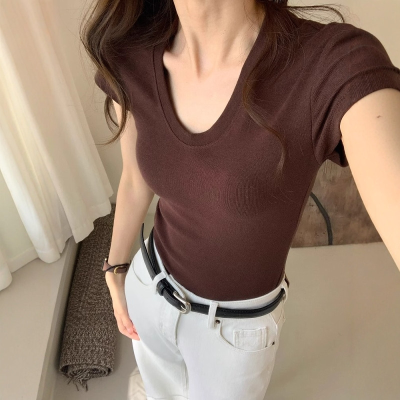 U ネックショルダー半袖 Tシャツ女性夏スリムフィットエレガ - Fashion Streetwear のレビューと価格