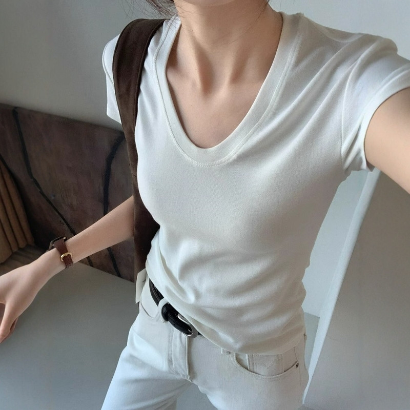 U ネックショルダー半袖 Tシャツ女性夏スリムフィットエレガ - Fashion Streetwear のレビューと価格