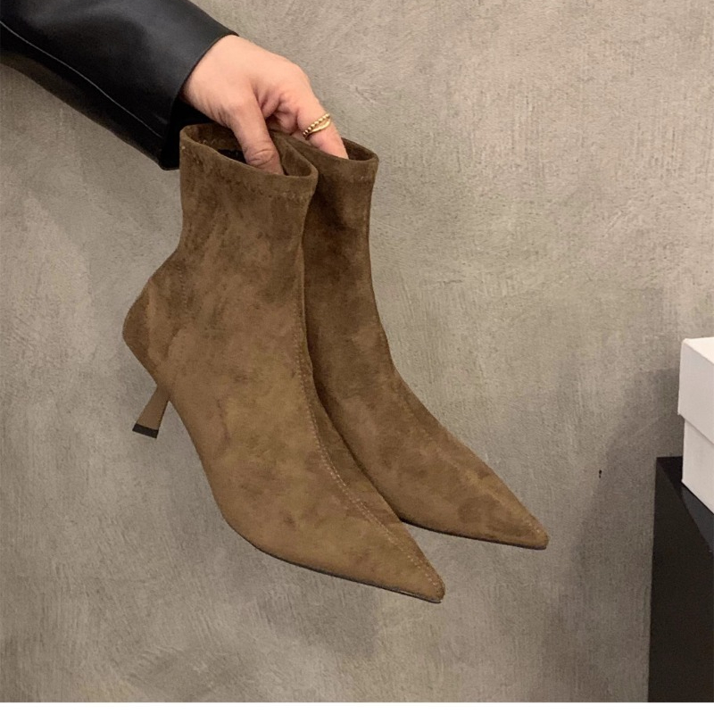 女性のスエードストレッチアンクルブーツポインテッドトゥ薄いス - Street Fashion Dress のレビューと価格