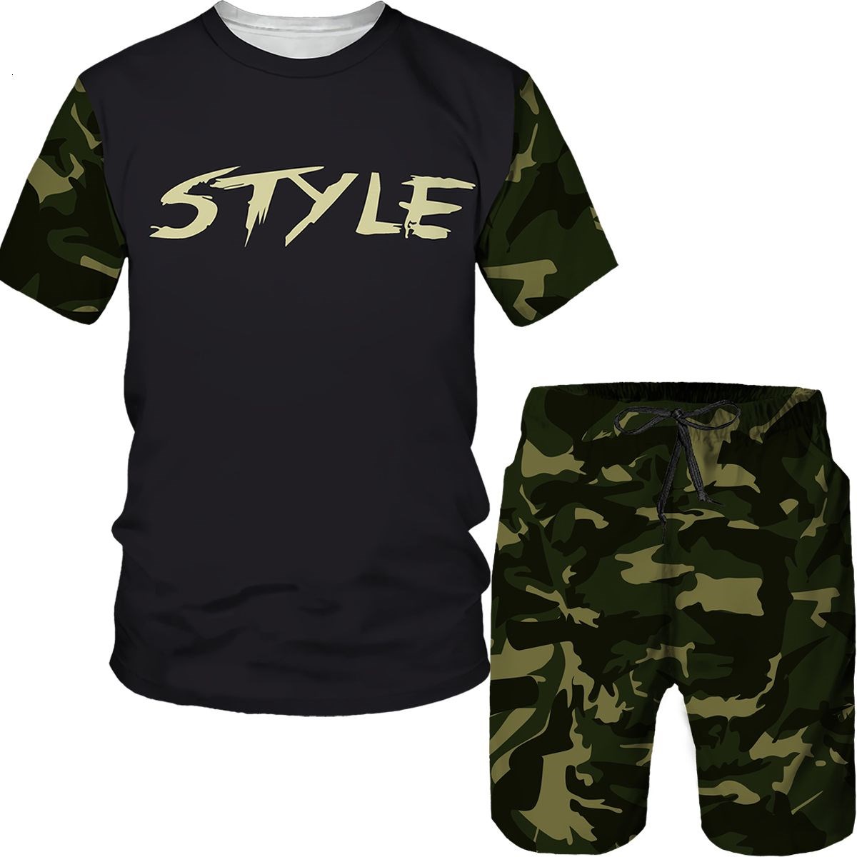迷彩メンズスーツ迷彩 3D プリント T シャツショーツ 2 - Street Fashion Dance のレビューと価格